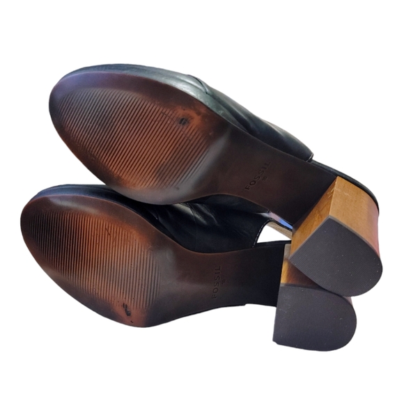Fossil Black Leather Peep Toe Buckle Ankle  Wooden Block Heels Women's Size 10 - Picture 10 of 12